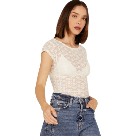 NWOT Free People Keep It Simple Ivory Sheer Lace Cap Sleep Top Size XS - Picture 2 of 8